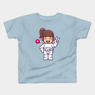 Cute Girl Astronaut With Peace Hand Cartoon Kids T-Shirt